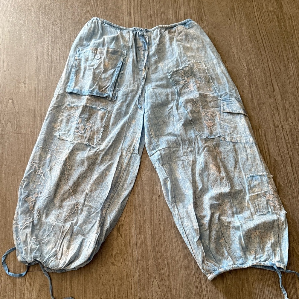 Light Blue Wide-Leg Embroidered Drawstring Cargo Pants